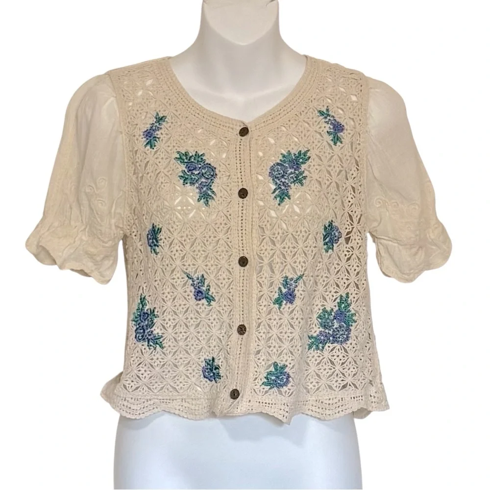 OAK + FORT CROCHET CARDIGAN WITH FLORAL DETAIL Size Small - Picture 4 of 11
